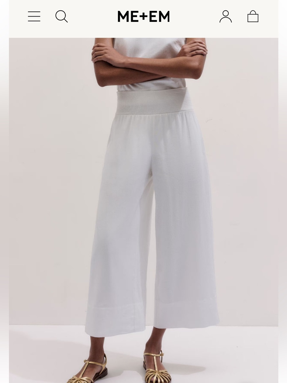 ME+EM Cream Wide Leg Cropped Trousers with Elastic Waistband size 4